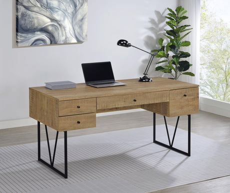 Side view of Analiese writing desk showing metal base and drawer detail