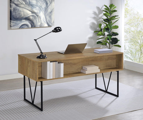 Close-up of round metal drawer pulls on Analiese desk