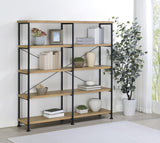Close-up of mango laminate wood shelves and metal frame