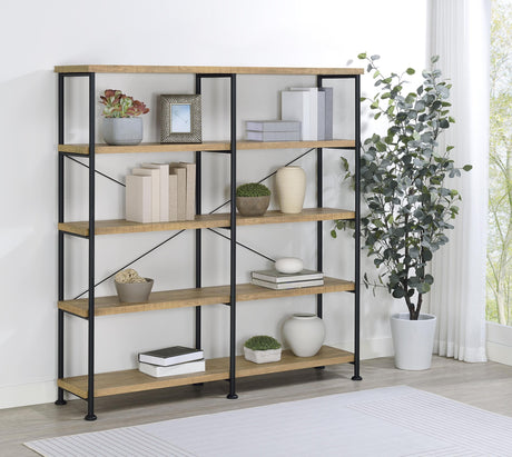 Close-up of mango laminate wood shelves and metal frame