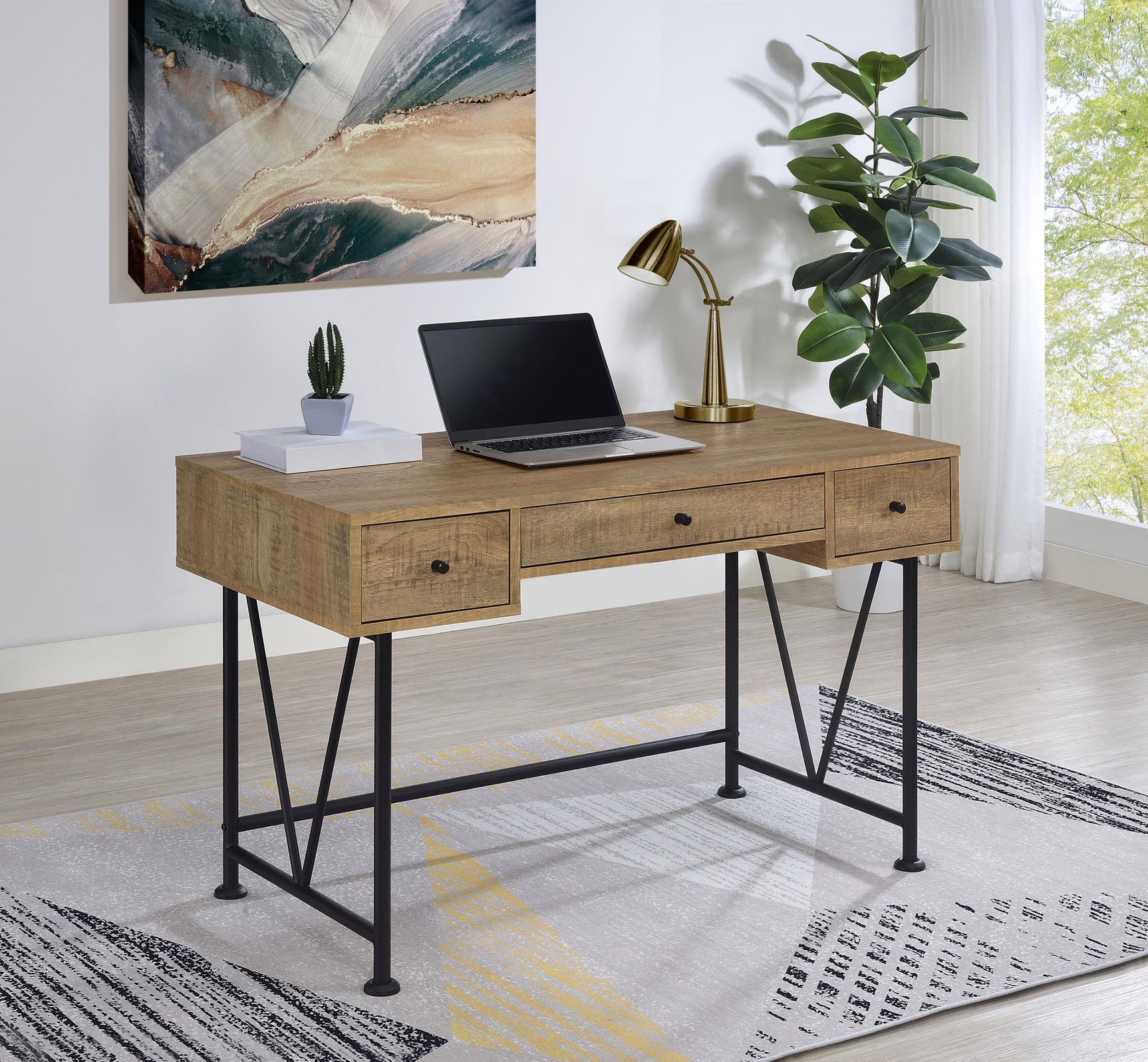 Side view of Analiese writing desk showing black metal base