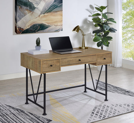 Side view of Analiese writing desk showing black metal base