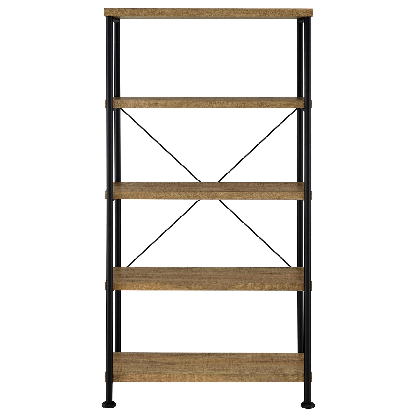 Side view of Analiese 4-shelf bookshelf with mango finish and metal support