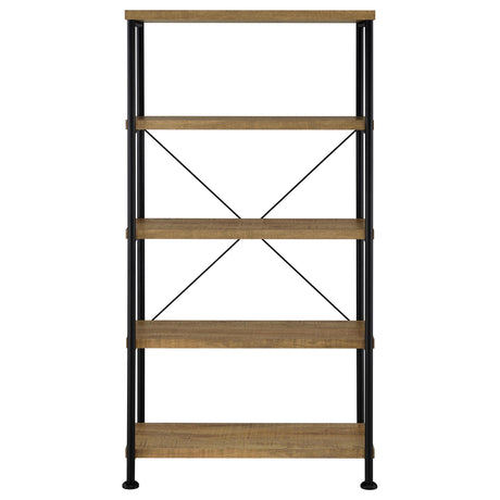 Side view of Analiese 4-shelf bookshelf with mango finish and metal support