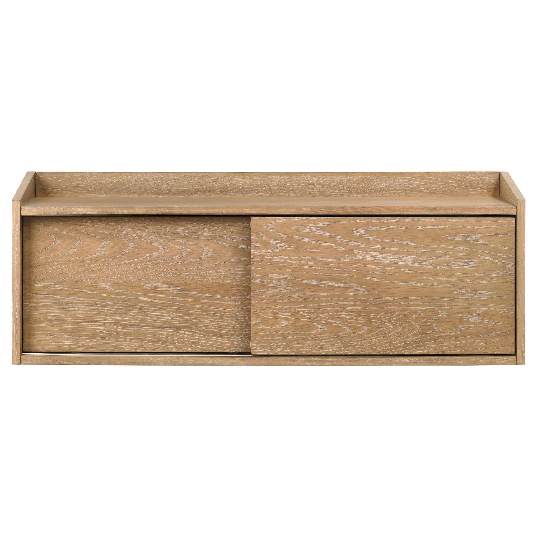 Close-up of distressed oak veneer grain on Fabian bookshelf bridge