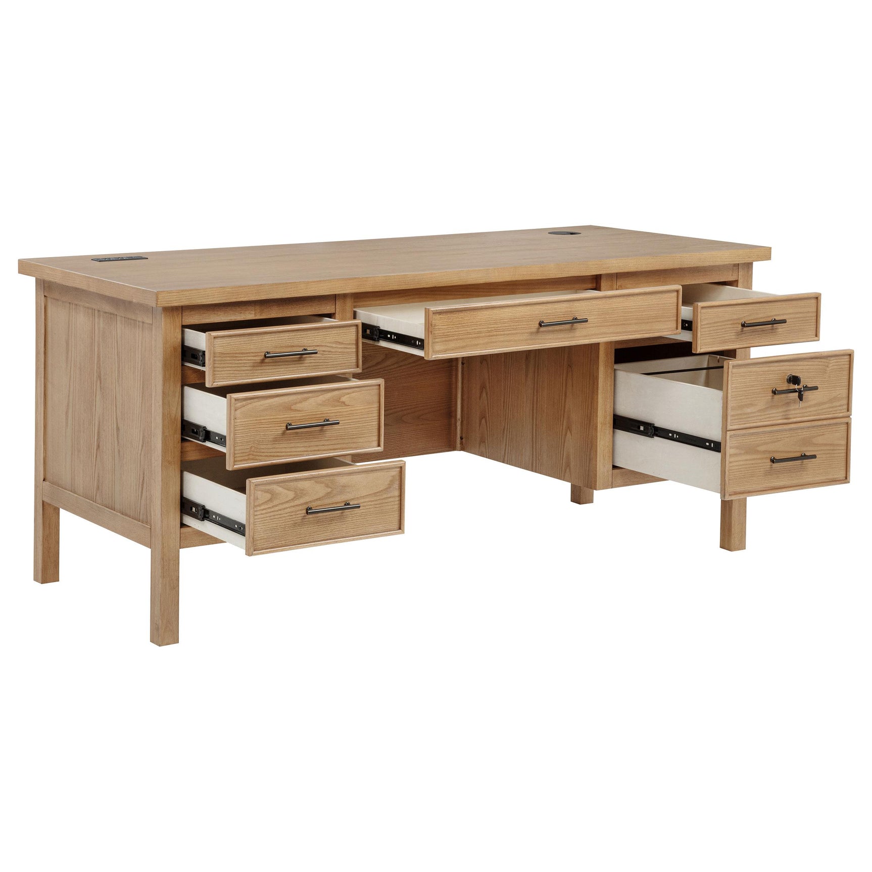 Side angle of Vermes computer desk showing drawer detail