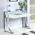 Gemma Glossy White writing desk with chrome legs angled view