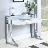Gemma Glossy White writing desk with chrome legs angled view
