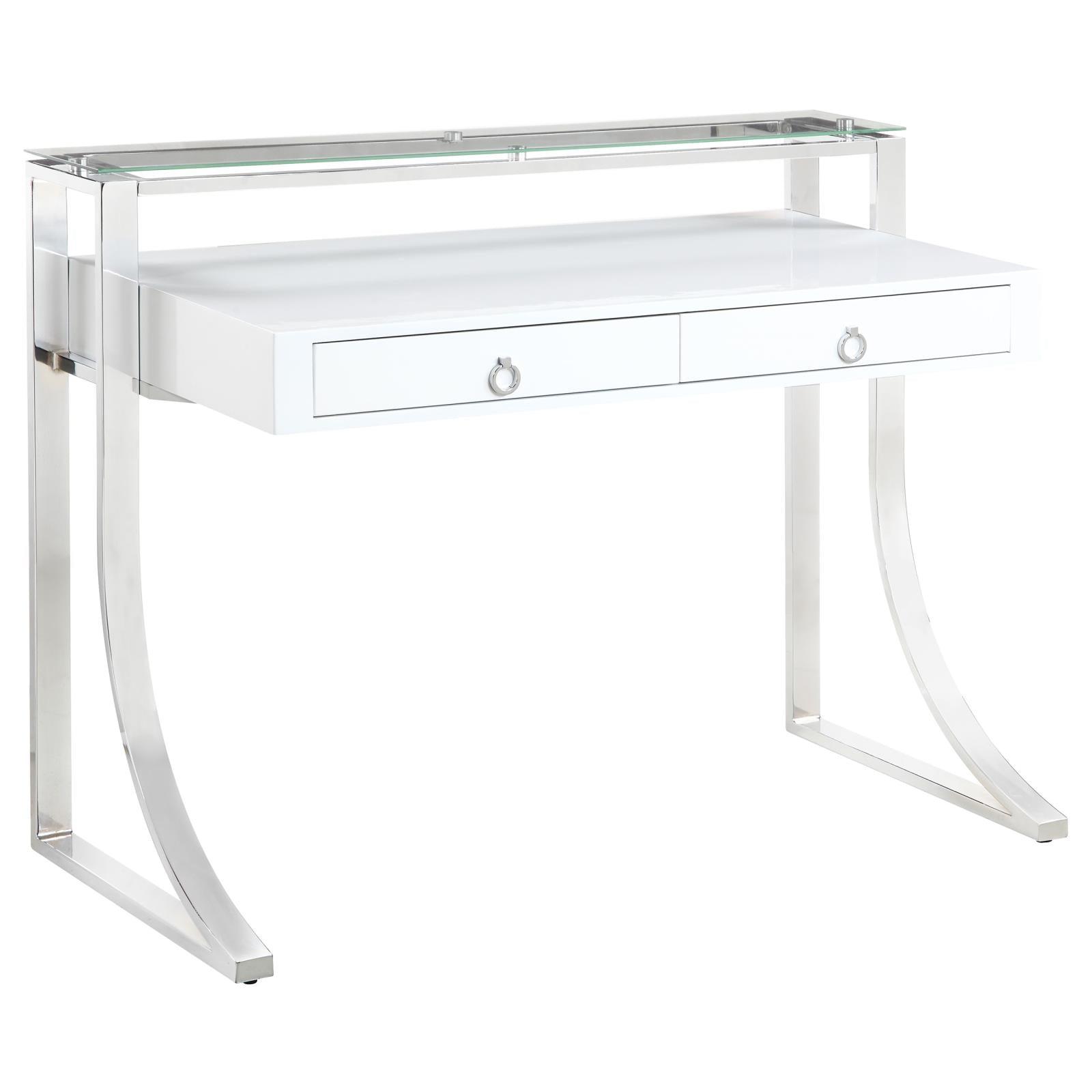 Close-up of Gemma desk felt-lined drawers and chrome ring pulls