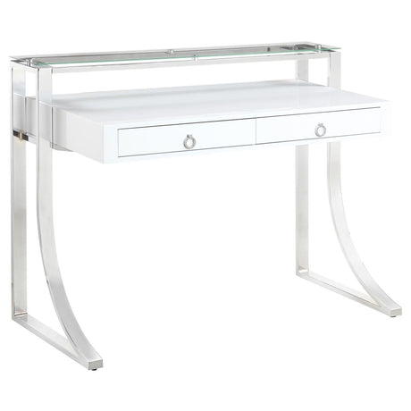 Close-up of Gemma desk felt-lined drawers and chrome ring pulls
