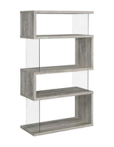 Side angle highlighting glass panel support on Emelle bookcase