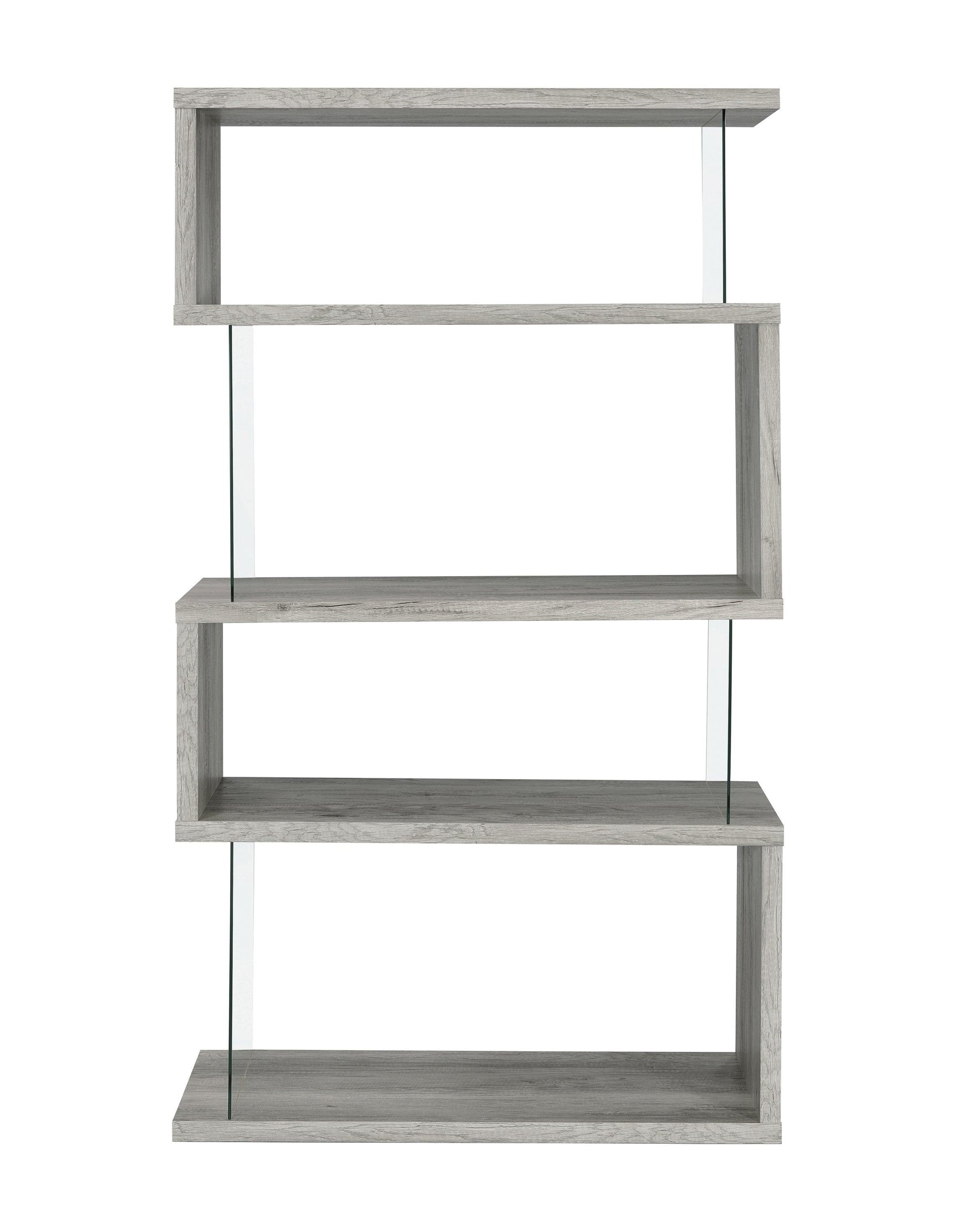 Close-up of light grey driftwood finish and shelving