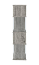 Emelle bookcase corner view showcasing zig-zag shelf design