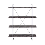 Grimma 4-Shelf Bookcase Rustic Grey Herringbone showing X-shaped metal back