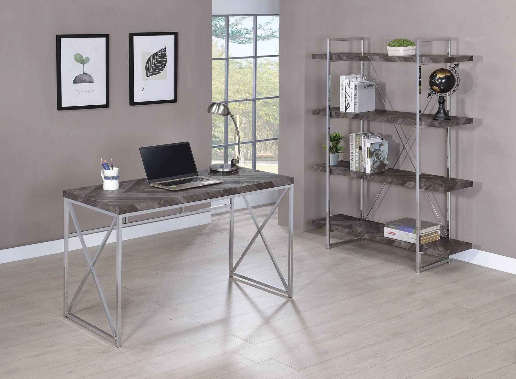 Grimma 4-Shelf Bookcase Rustic Grey Herringbone angled side view