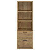 Bookcase set showing open shelving and storage drawers