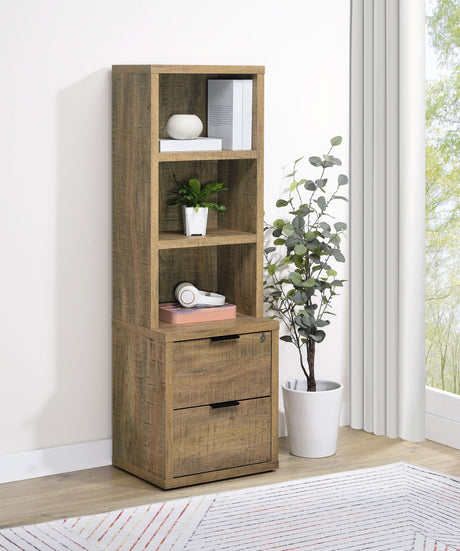 Bookcase close-up showing three shelves and lockable drawer