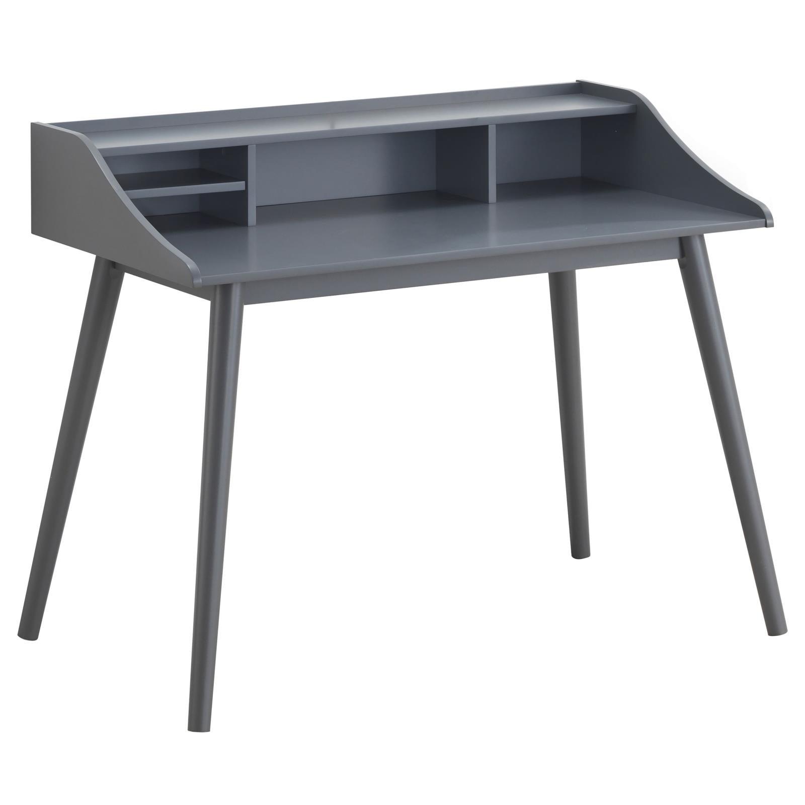 Percy Dark Grey Writing Desk showing tapered metal legs and drawers