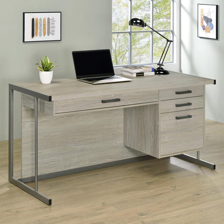 Front view of Loomis whitewashed grey office desk with 4 drawers