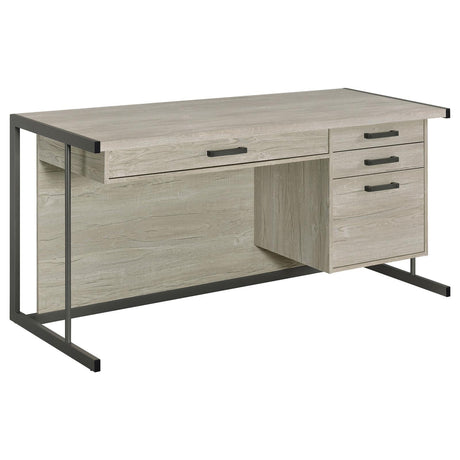 Close-up of gunmetal drawer pulls on Loomis office desk