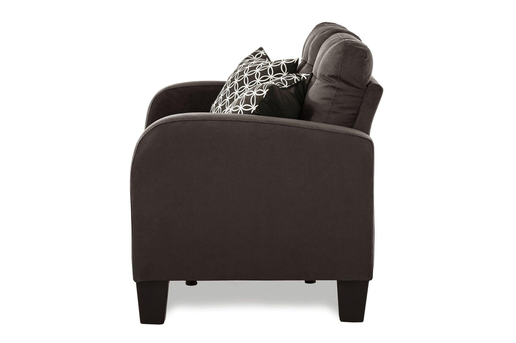Side view of Sinclair Chocolate Fabric Loveseat
