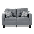 Sinclair Gray Loveseat front view showing tufted gray fabric and wood frame