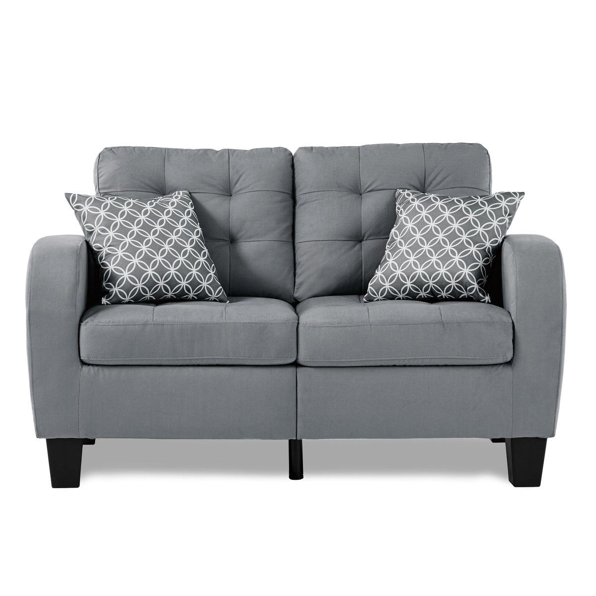 Sinclair Gray Loveseat front view showing tufted gray fabric and wood frame