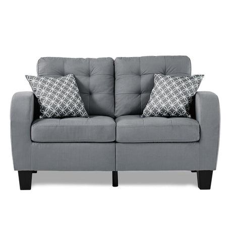 Sinclair Gray Loveseat front view showing tufted gray fabric and wood frame