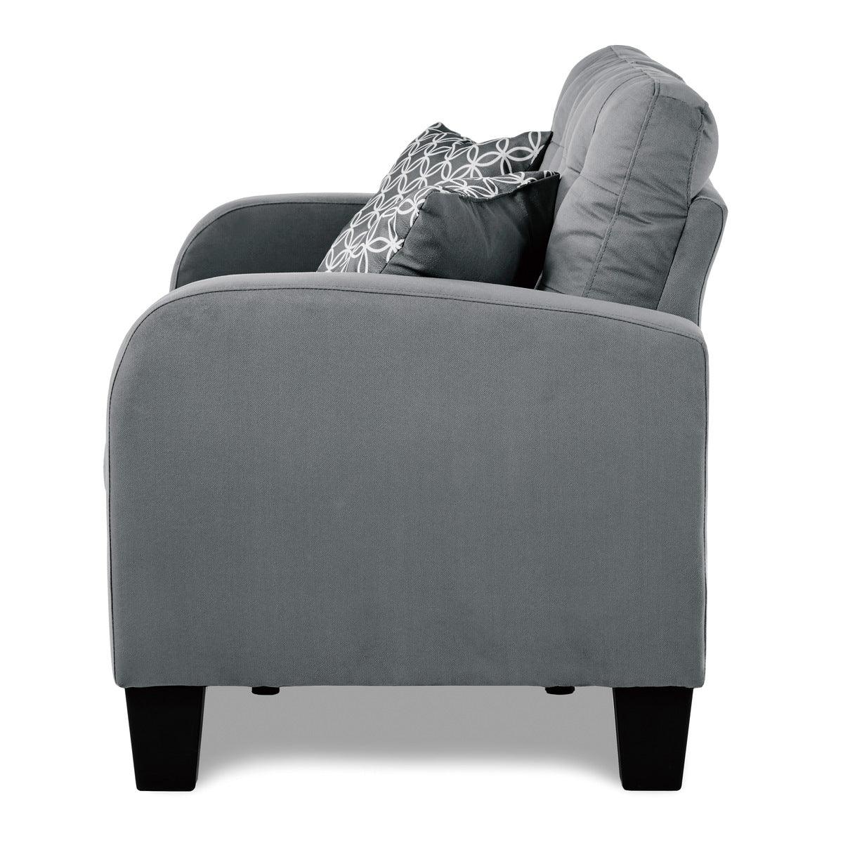 Back view of Sinclair Gray Loveseat with solid wood frame