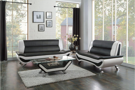 Main view of Veloce black and white faux leather tufted sofa and loveseat set