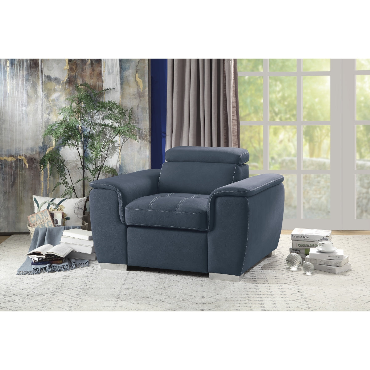 Ferriday Blue Chair with Pull-out Ottoman