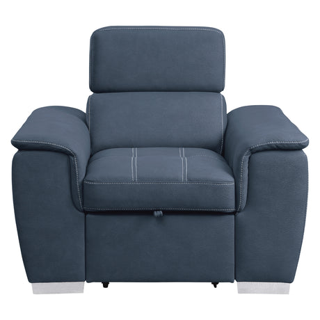 Ferriday blue microfiber chair with pull-out ottoman side view