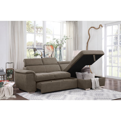 Ferriday Taupe Sectional showing seat cushions and chaise