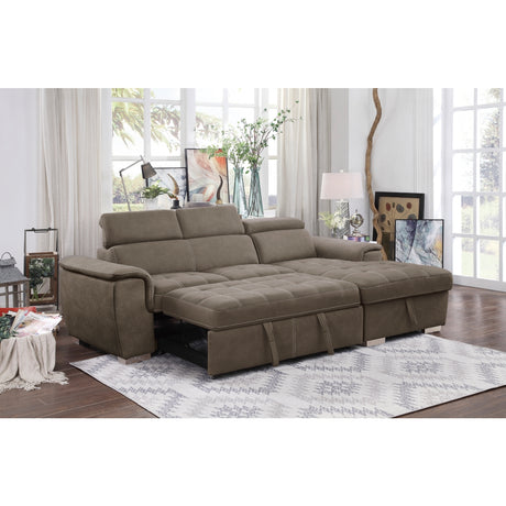 room perspective of taupe sectional sofa with adjustable headrests