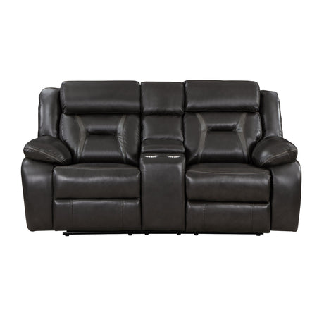 Amite double reclining loveseat front angle showing dark gray faux leather upholstery