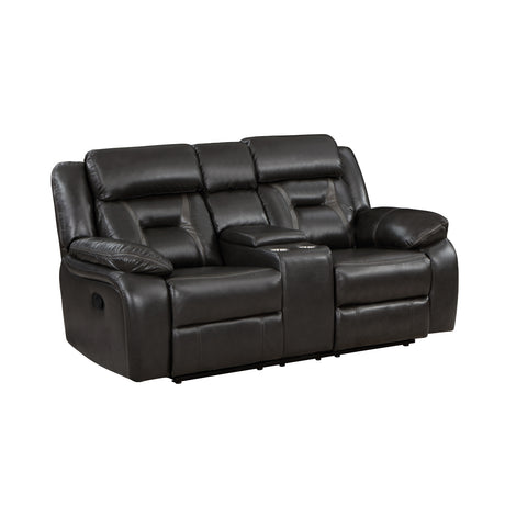 Side view of Amite reclining loveseat with console and cup holders