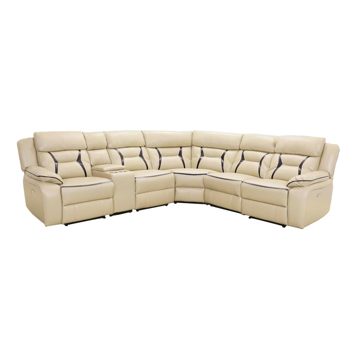 Amite Beige Solid Wood Premium Faux Leather Upholstery 6-Piece Modular Power Reclining Sectional - Ella Furniture