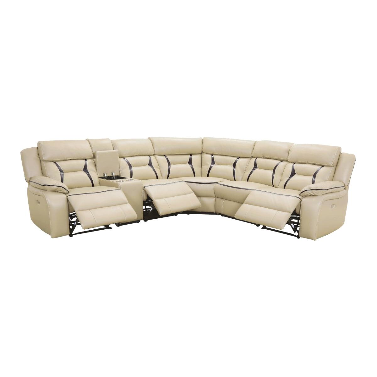 Amite Beige Solid Wood Premium Faux Leather Upholstery 6-Piece Modular Power Reclining Sectional - Ella Furniture