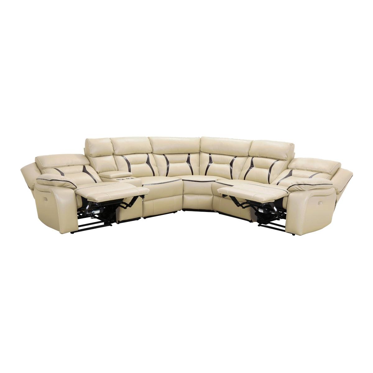 Amite Beige Solid Wood Premium Faux Leather Upholstery 6-Piece Modular Power Reclining Sectional - Ella Furniture