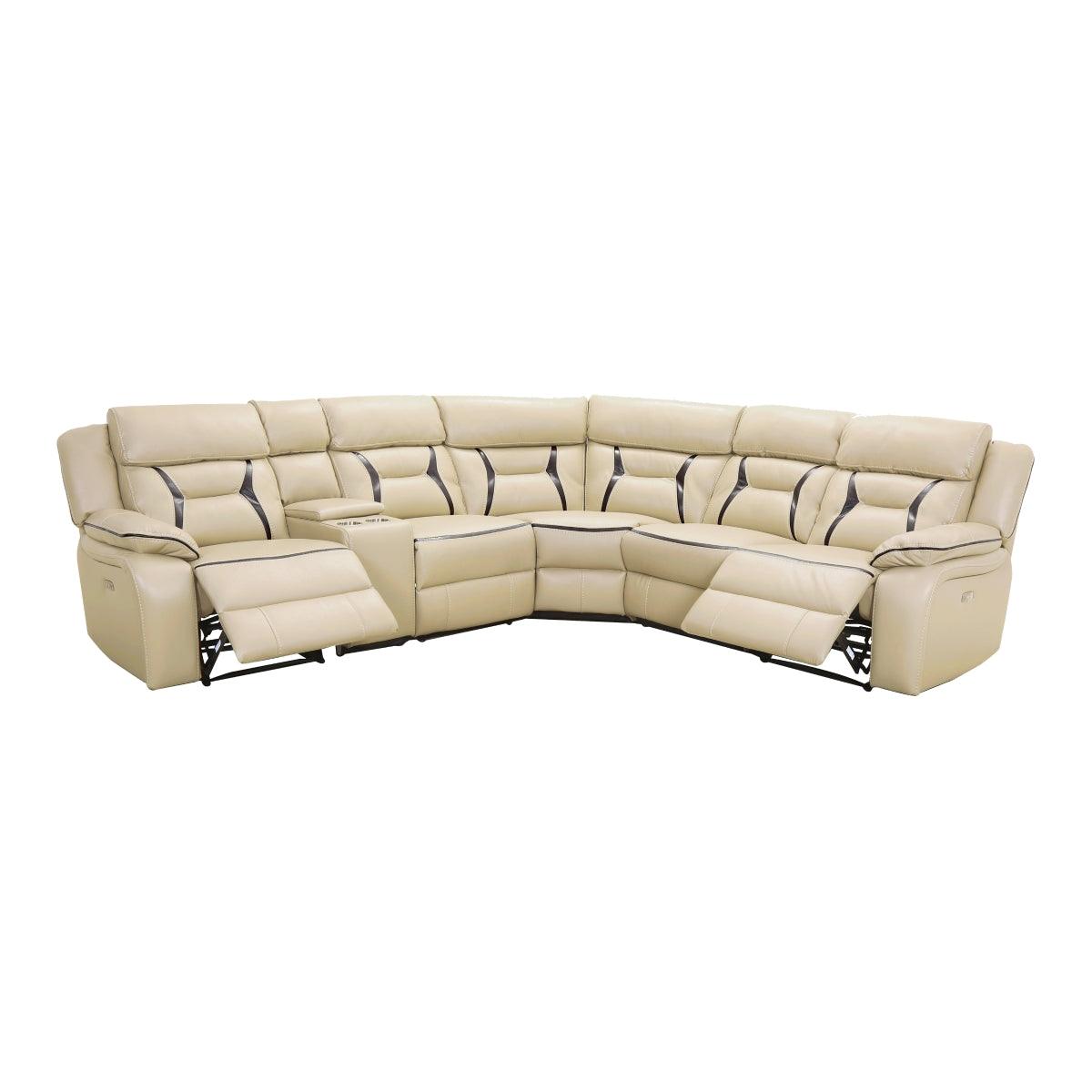 Amite Beige Solid Wood Premium Faux Leather Upholstery 6-Piece Modular Power Reclining Sectional - Ella Furniture