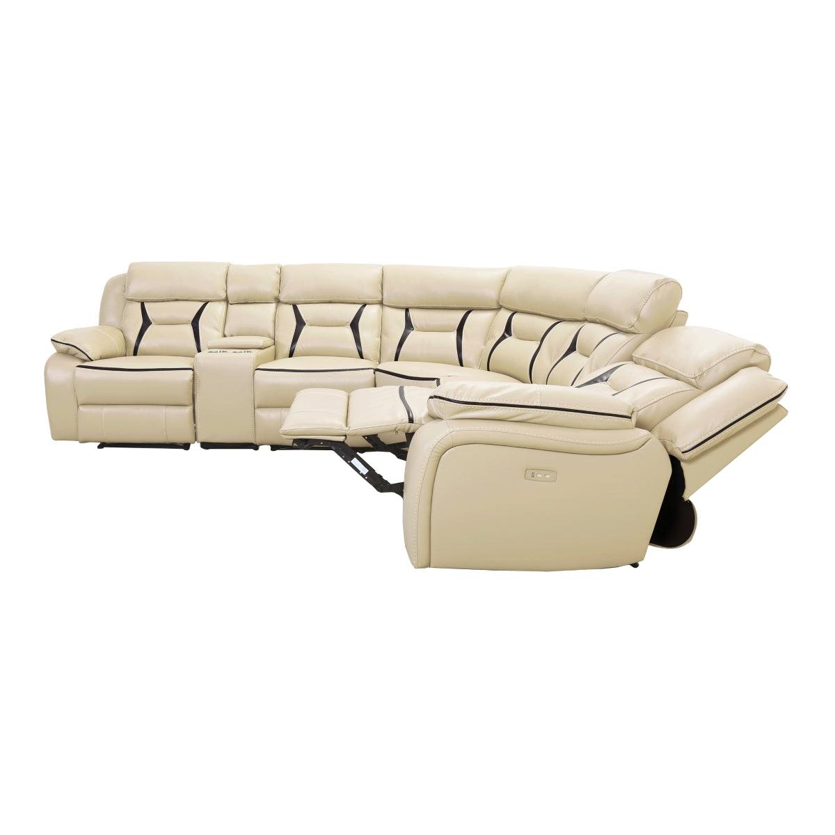 Amite Beige Solid Wood Premium Faux Leather Upholstery 6-Piece Modular Power Reclining Sectional - Ella Furniture