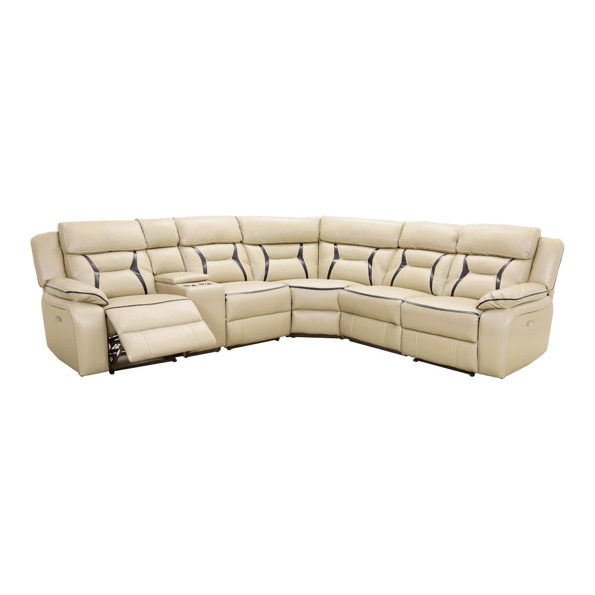 Amite Beige Solid Wood Premium Faux Leather Upholstery 6-Piece Modular Power Reclining Sectional - Ella Furniture