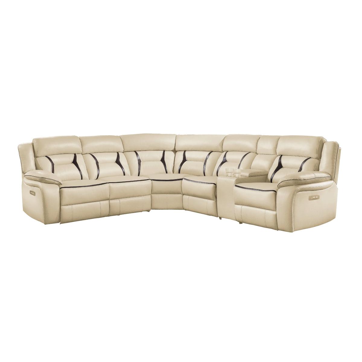 Amite Beige Solid Wood Premium Faux Leather Upholstery 6-Piece Modular Power Reclining Sectional - Ella Furniture
