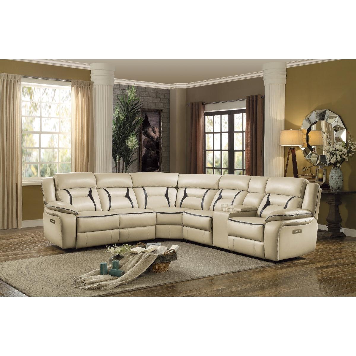 Amite Beige Solid Wood Premium Faux Leather Upholstery 6-Piece Modular Power Reclining Sectional - Ella Furniture