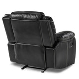 Back angle of Bastrop Black Faux Leather Glider Reclining Chair showing reclining feature