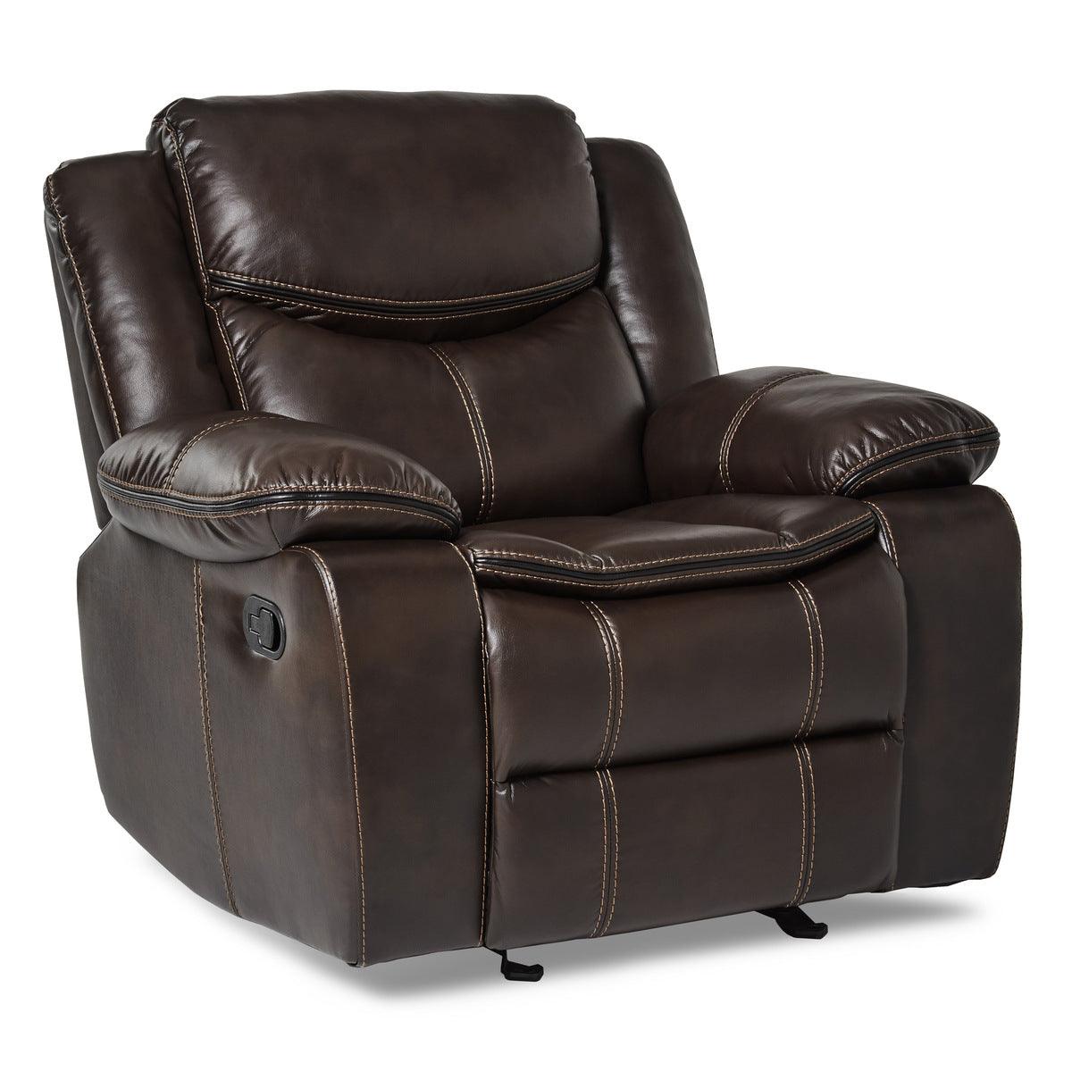 Side view of Bastrop Brown faux leather glider reclining chair