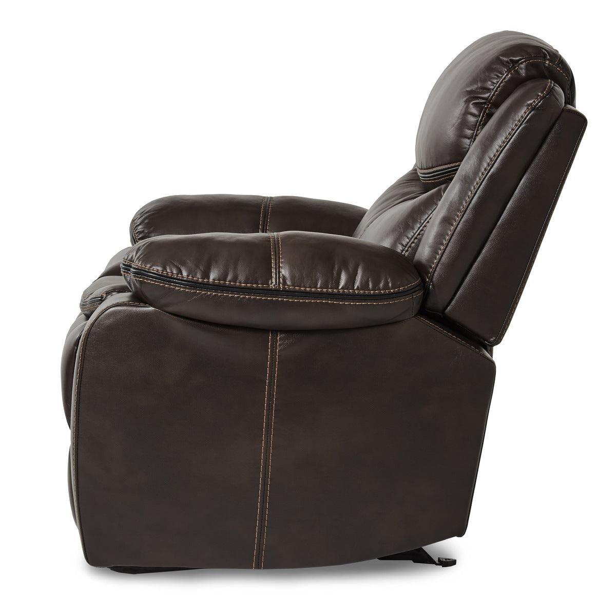 Angle view of Bastrop Brown faux leather glider reclining chair side