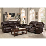 Seated view of Bastrop Brown Faux Leather Double Glider Reclining Loveseat reclining