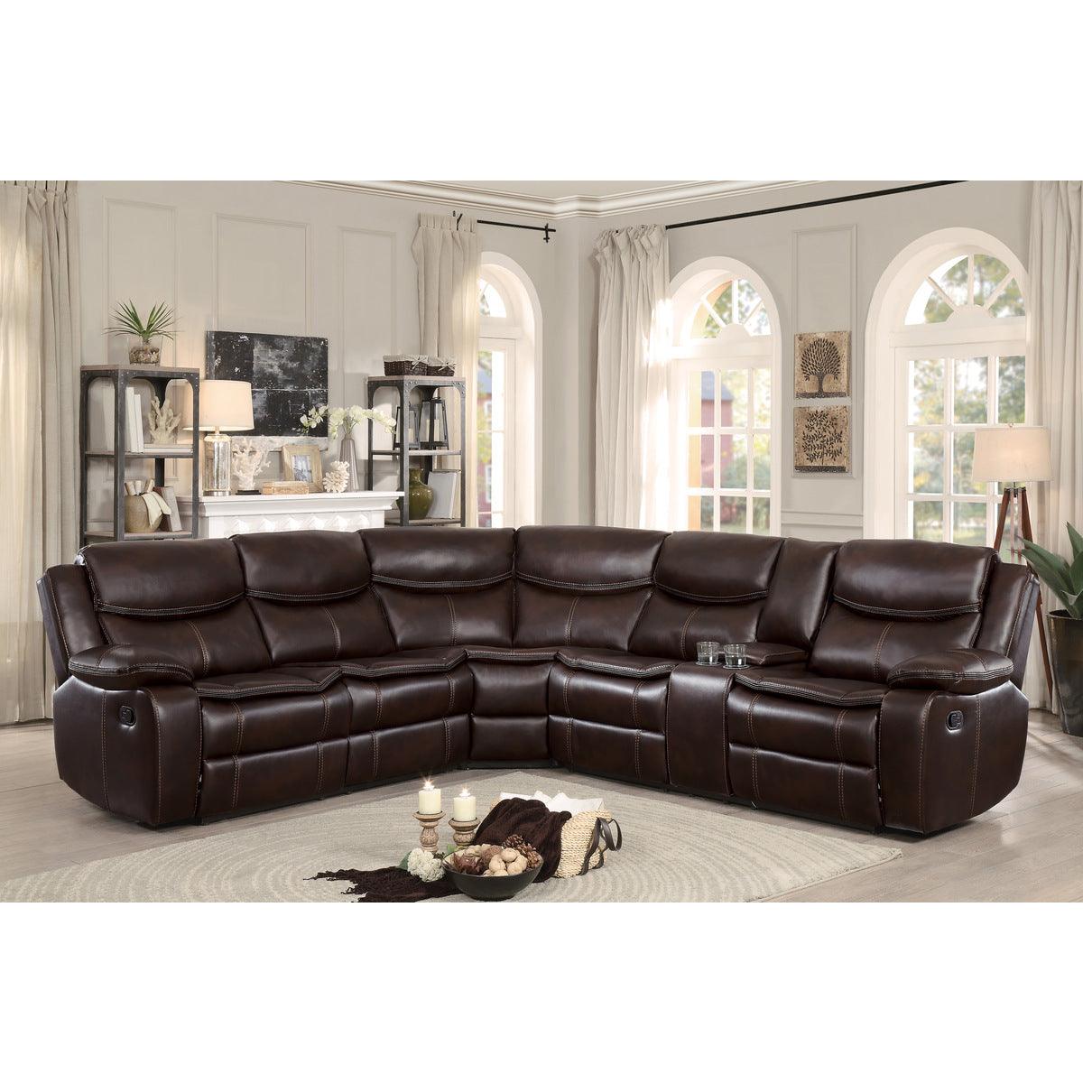 Main seating area of Bastrop brown faux leather sectional