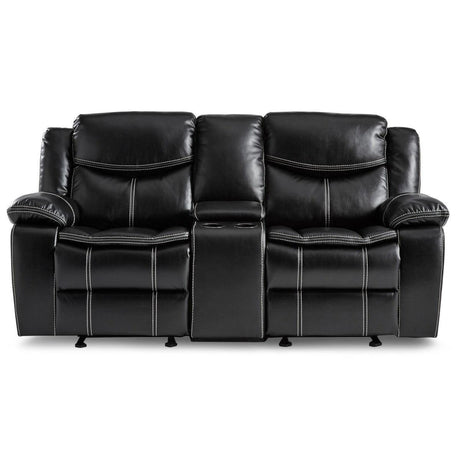 Bastrop Black Faux Leather Double Glider Reclining Loveseat with Center Console front angle